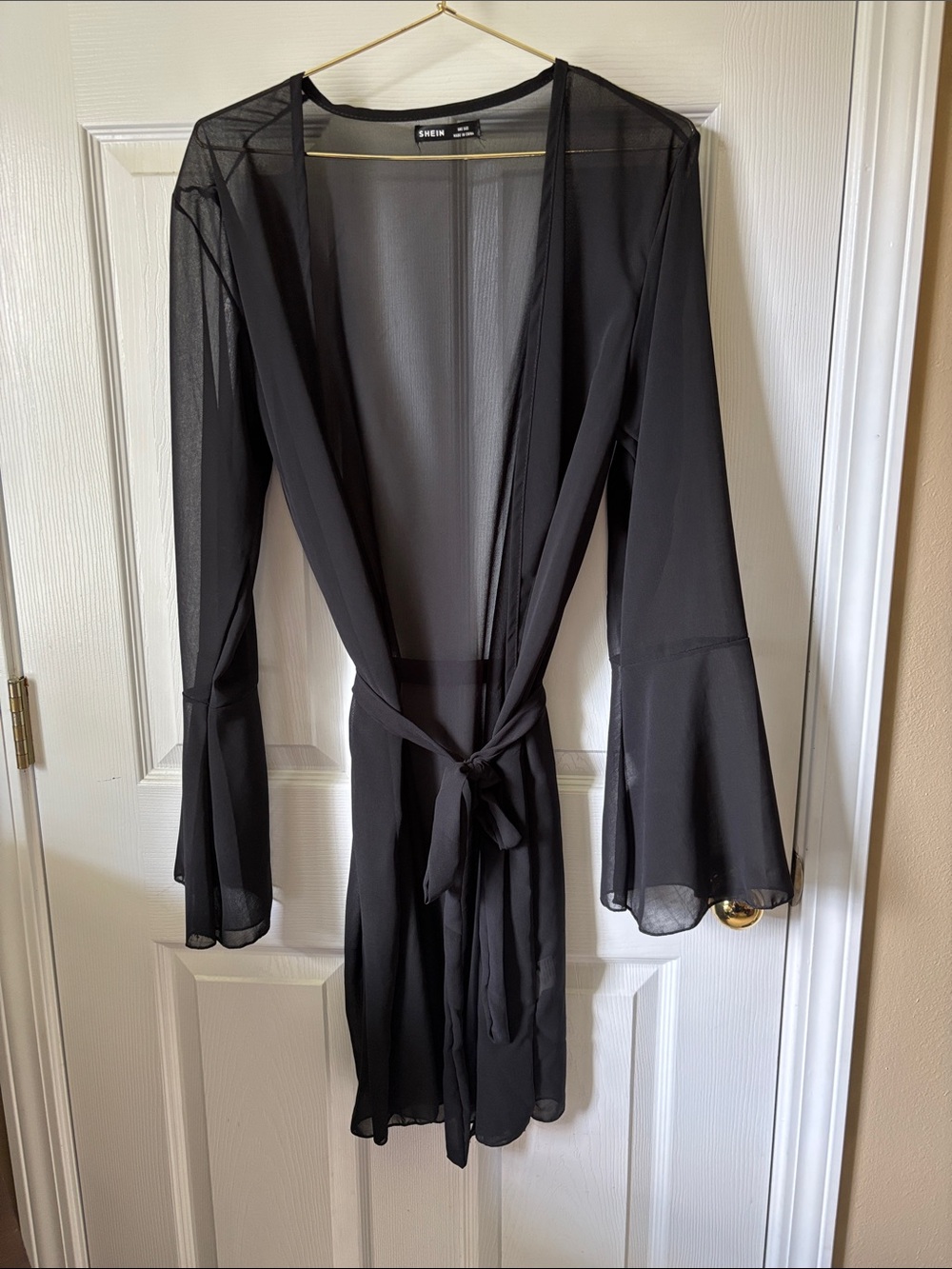 Shein Black Sheer Bell Sleeve Open Front Kimono Cover Up Tie Waist One Size